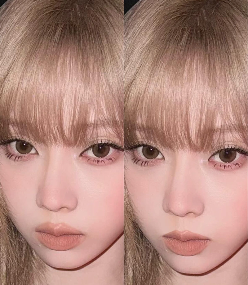 An image comparing Winter before and after applying eye corner makeup and overlip makeup.