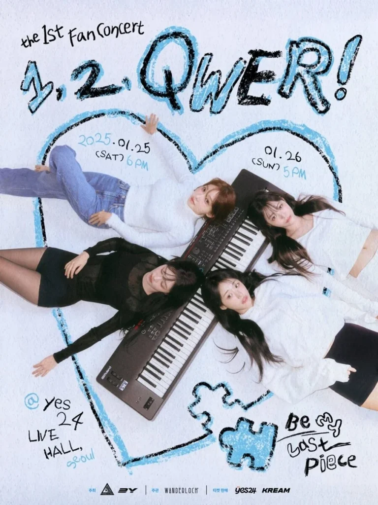 QWER has unveiled the poster for its inaugural fan concert, ‘QWER The 1st Fan Concert: 1, 2, QWER!’. The poster showcases the members lounging comfortably around a keyboard, reminiscent of their debut profile picture.