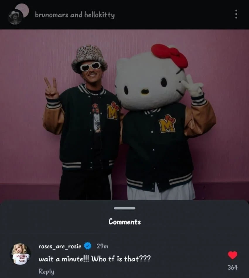 In response, Rosé mirrored his comment on a photo of Bruno posing with a Hello Kitty doll.