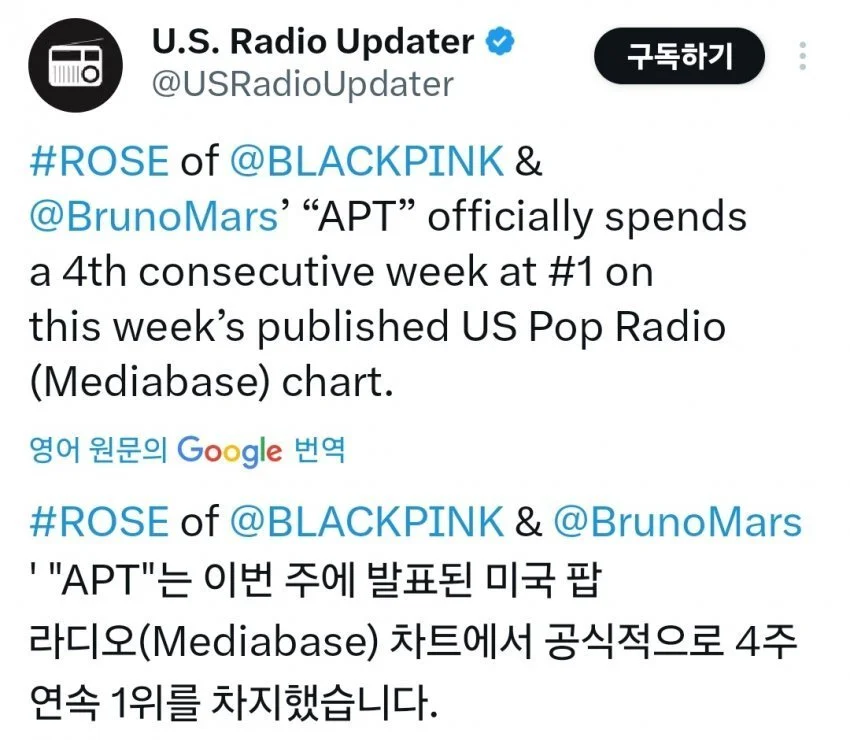 In the Korean online community MLBPARK, Rosé “APT.” sparked discussions due to its outstanding performance on US Pop radio. The song has held the top spot for four consecutive weeks, which is a rare achievement for K-pop artists.